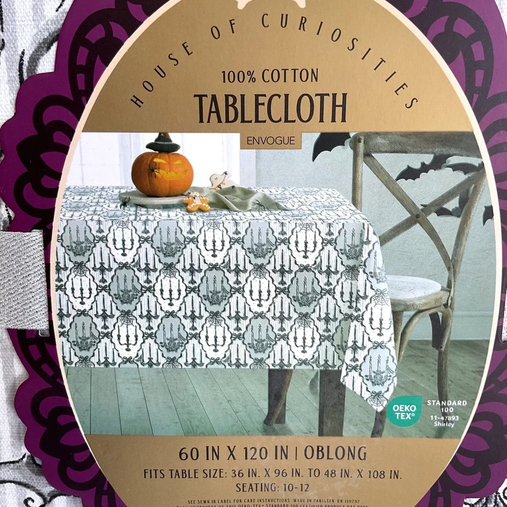 Madame Bones Halloween Tablecloth 60x120 Oblong Cotton Skull Candelabra Grey